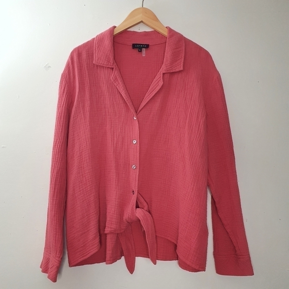 1. STATE Womens Coral Long Sleeve V Neck Button Up Top With Tie Size L
